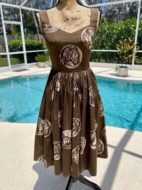 Dolce & Gabbana Brown Midi Dress with Cream Coin Medallion Print